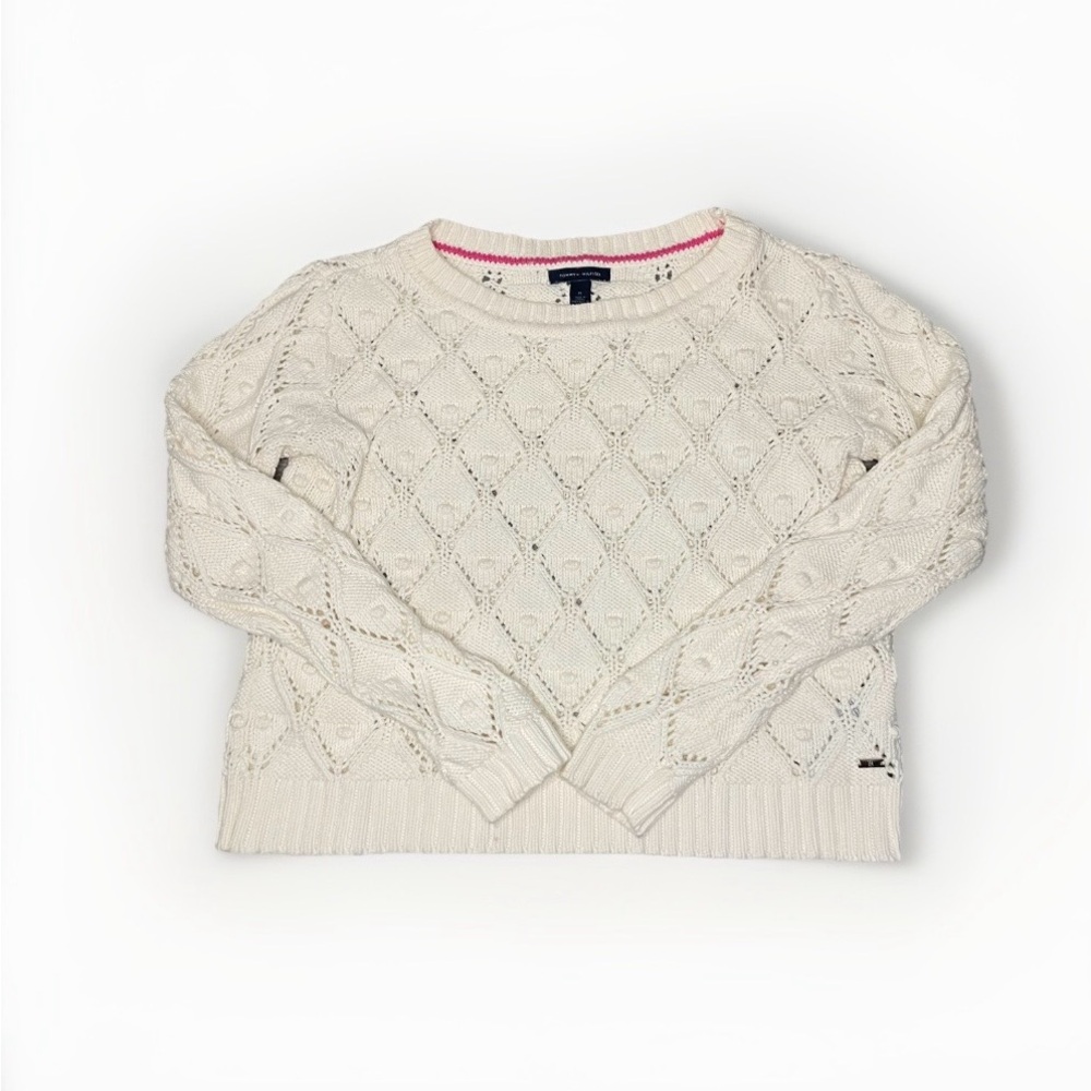 Tommy Hilfiger Women’s Ivory Crochet Knit Pullover Sweater Size M-SMALL FOR SIZE
